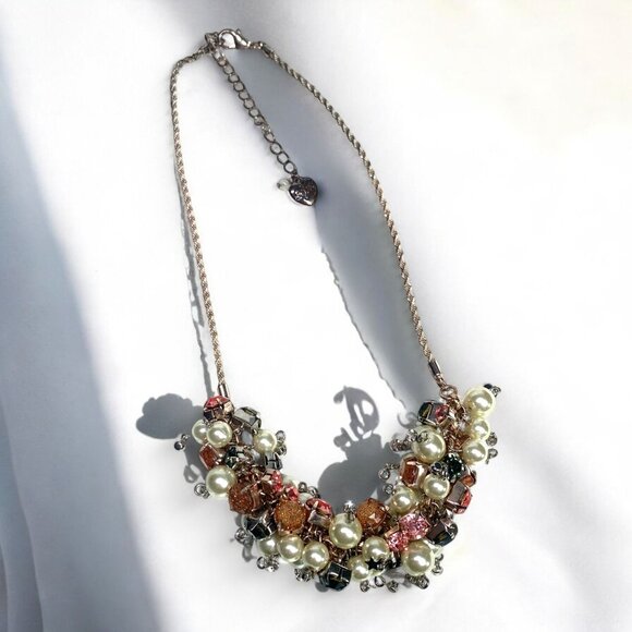 Betsey Johnson Pearl Beaded Cluster Necklace Rose Gold Adjustable Chain 18"L - Picture 7 of 7